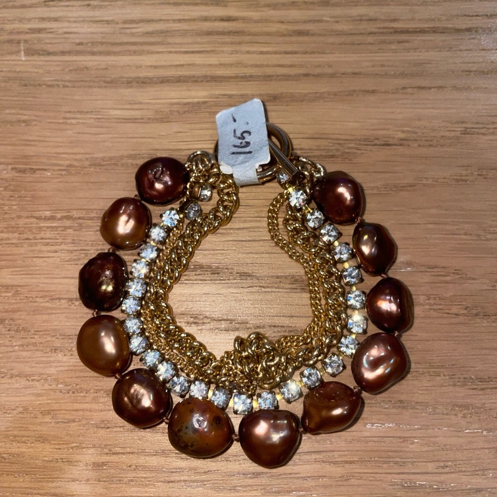 NWT Gold Tone Multi Strand Bracelet Faux Pearl Rhinestone Statement MSRP $165